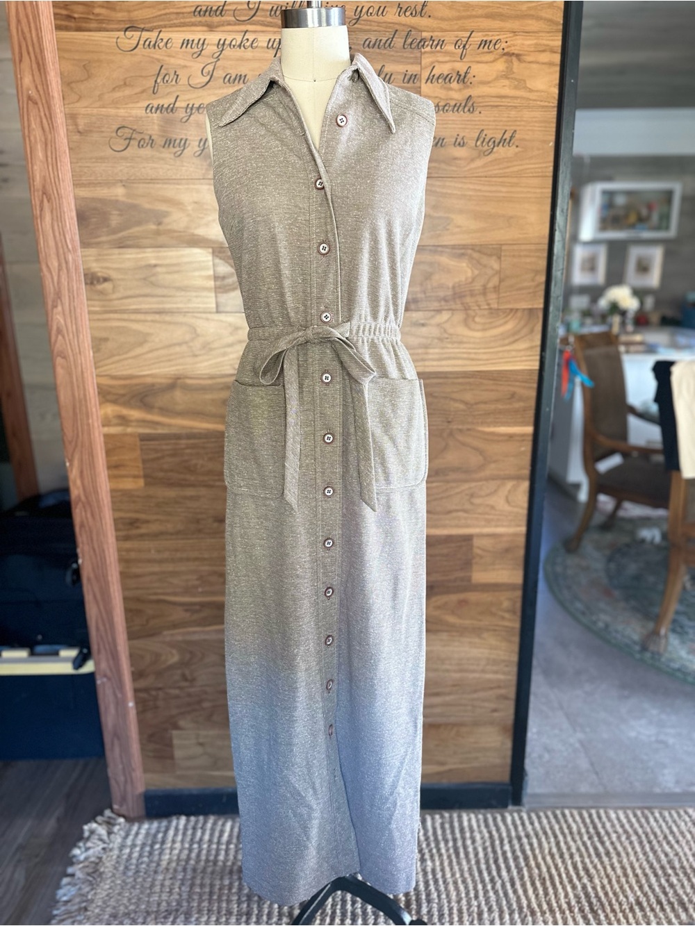 PARADE NEW YORK Vintage Sleeveless Button-Front Maxi Dress in Taupe w/ Tie Waist